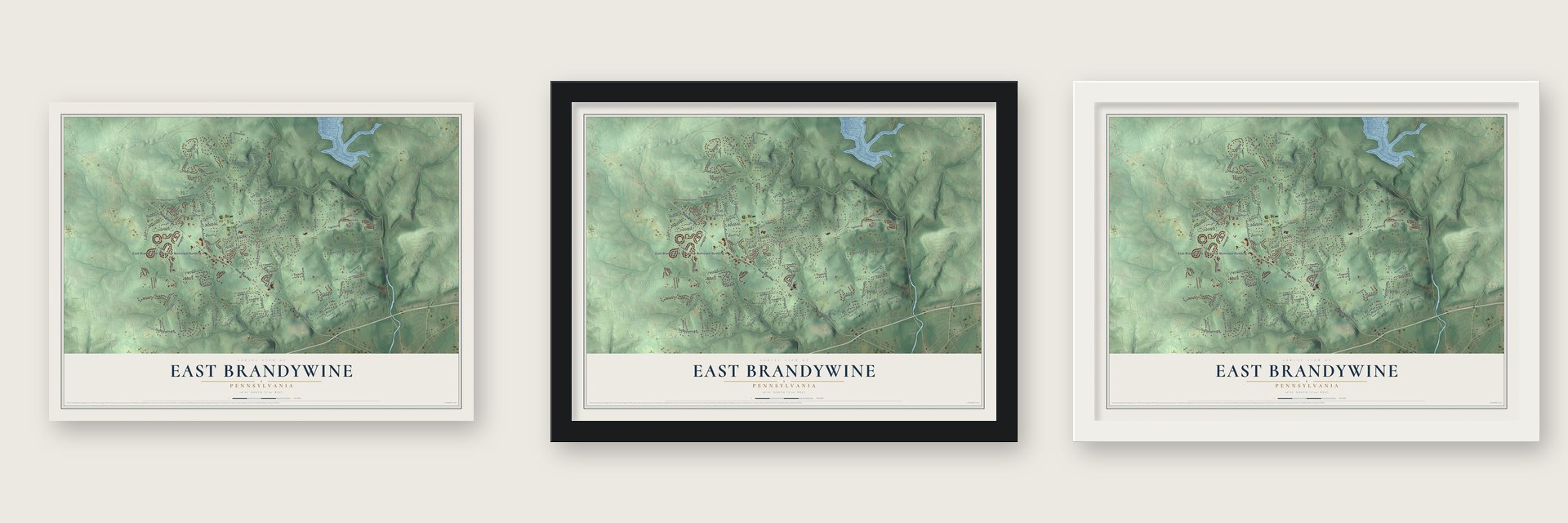 East Brandywine, Pennsylvania map unframed, in a black wood frame and in a white wood frame