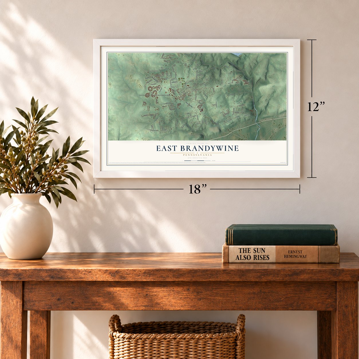 East Brandywine, Pennsylvania map, 12 x 18 inch print in a white frame in an entryway