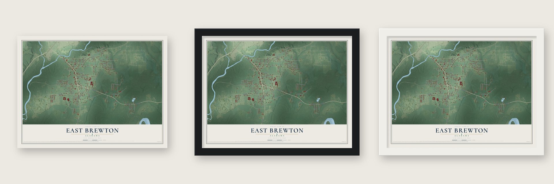 East Brewton, Alabama map unframed, in a black wood frame and in a white wood frame