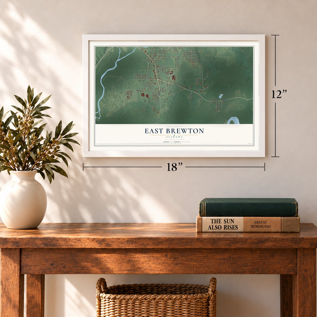East Brewton, Alabama map, 12 x 18 inch print in a white frame in an entryway