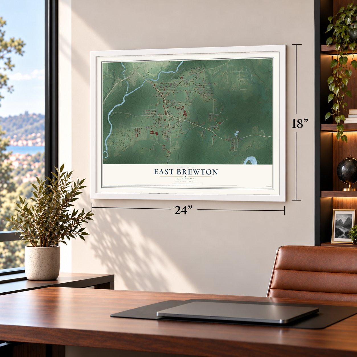 East Brewton, Alabama map, 18 x 24 inch print in a white frame in a home office