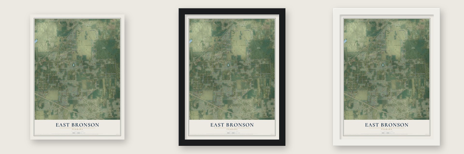 East Bronson, Florida map unframed, in a black wood frame and in a white wood frame