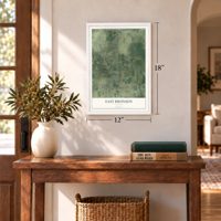 East Bronson, Florida map, 12 x 18 inch print in a white frame in an entryway