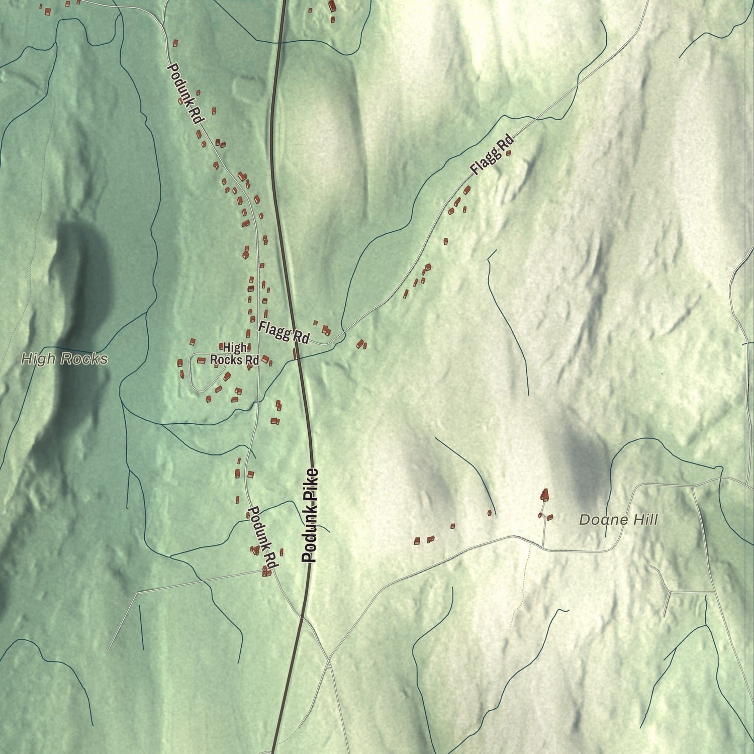 Close-up of the map of East Brookfield, Massachusetts print showing terrain and local geography