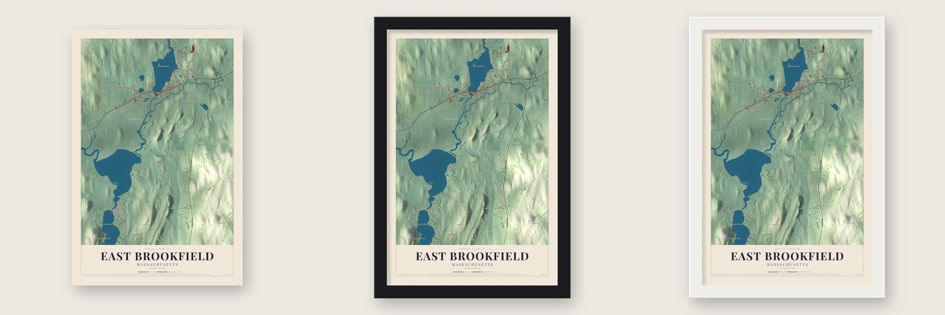 East Brookfield, Massachusetts map unframed, in a black wood frame and in a white wood frame