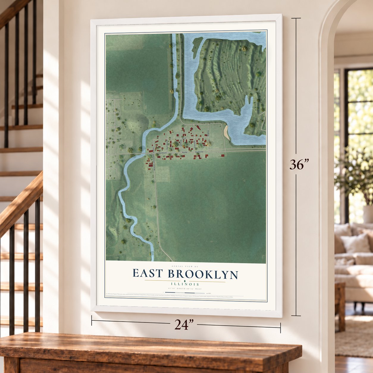 East Brooklyn, Illinois map, 24 x 36 inch print in a white frame by a staircase