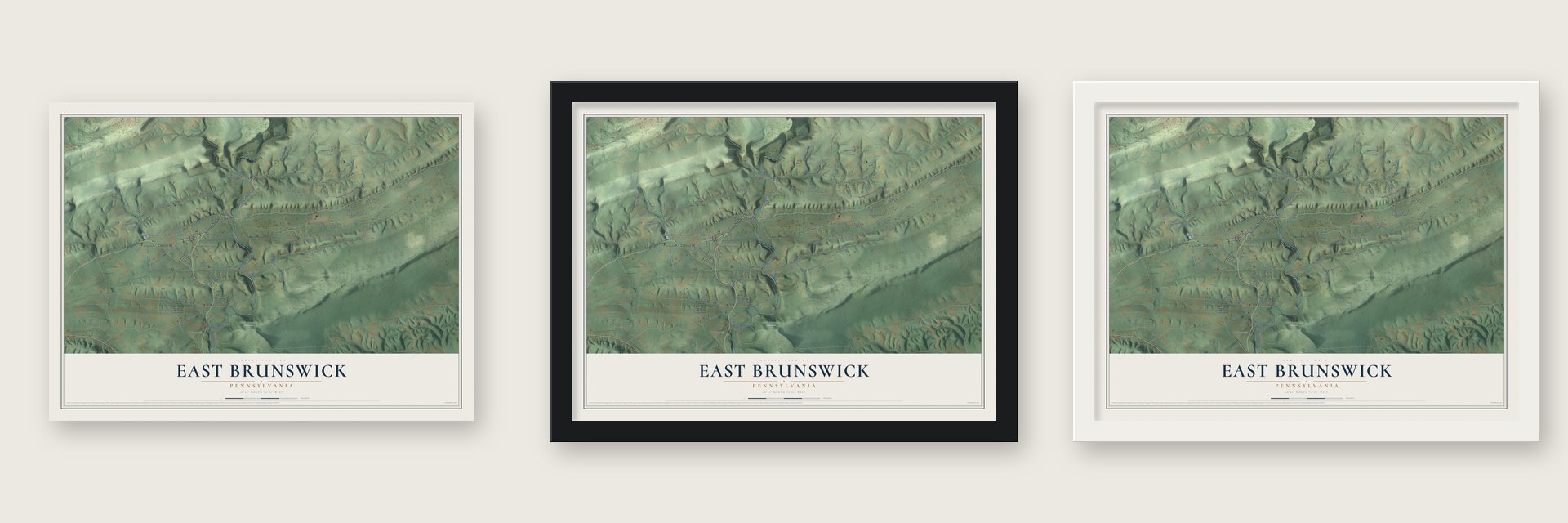 East Brunswick, Pennsylvania map unframed, in a black wood frame and in a white wood frame
