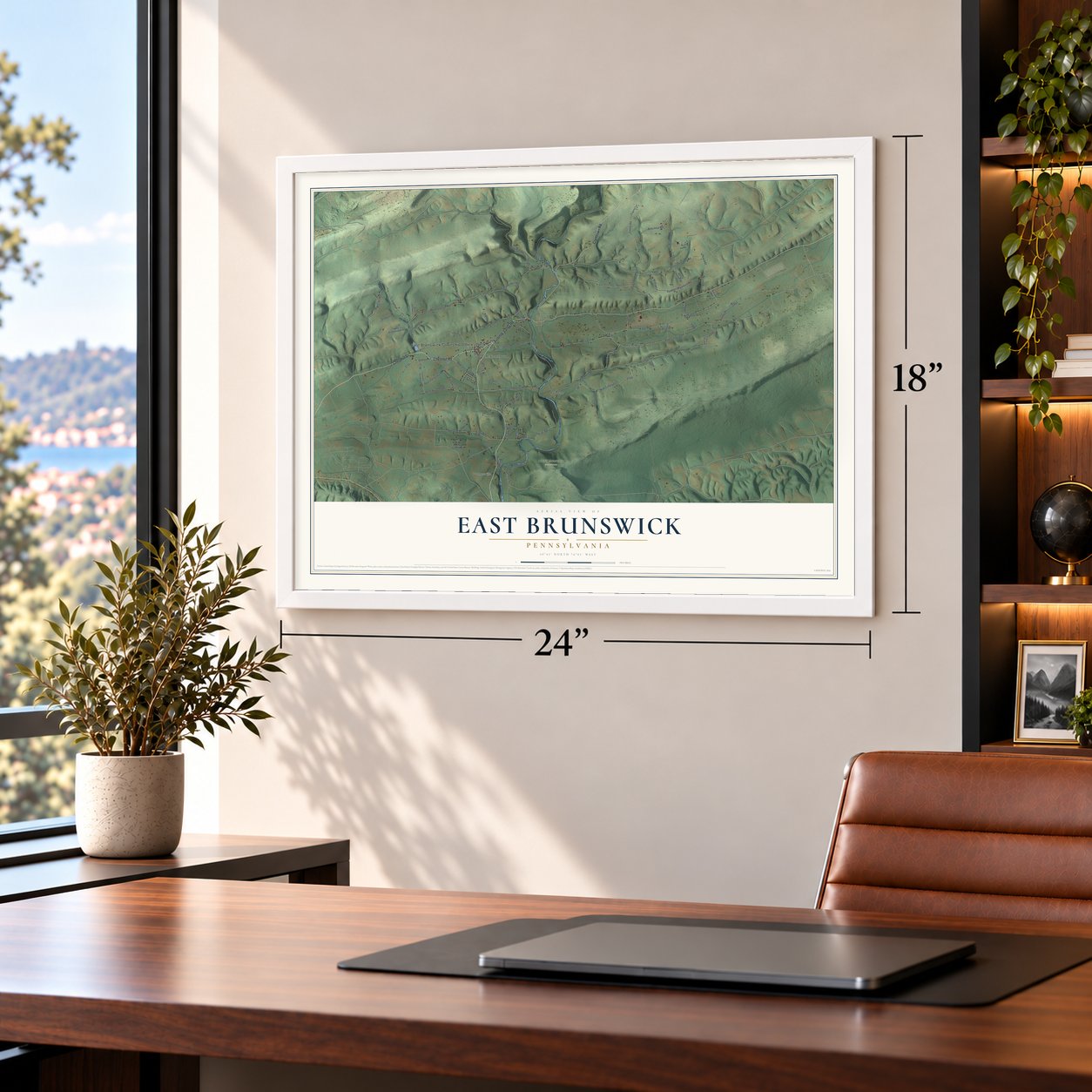East Brunswick, Pennsylvania map, 18 x 24 inch print in a white frame in a home office