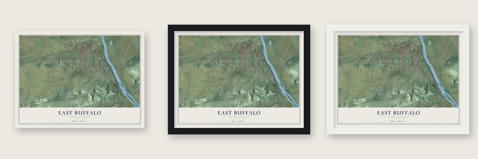 East Buffalo, Pennsylvania map unframed, in a black wood frame and in a white wood frame