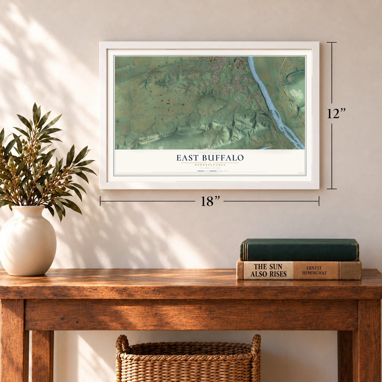 East Buffalo, Pennsylvania map, 12 x 18 inch print in a white frame in an entryway
