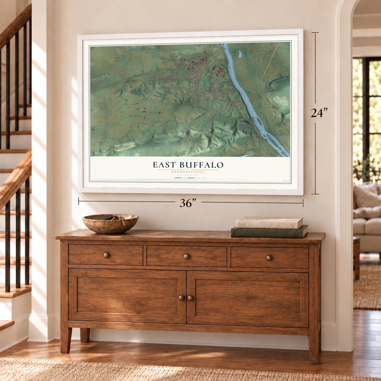East Buffalo, Pennsylvania map, 24 x 36 inch print in a white frame above a dresser by a staircase