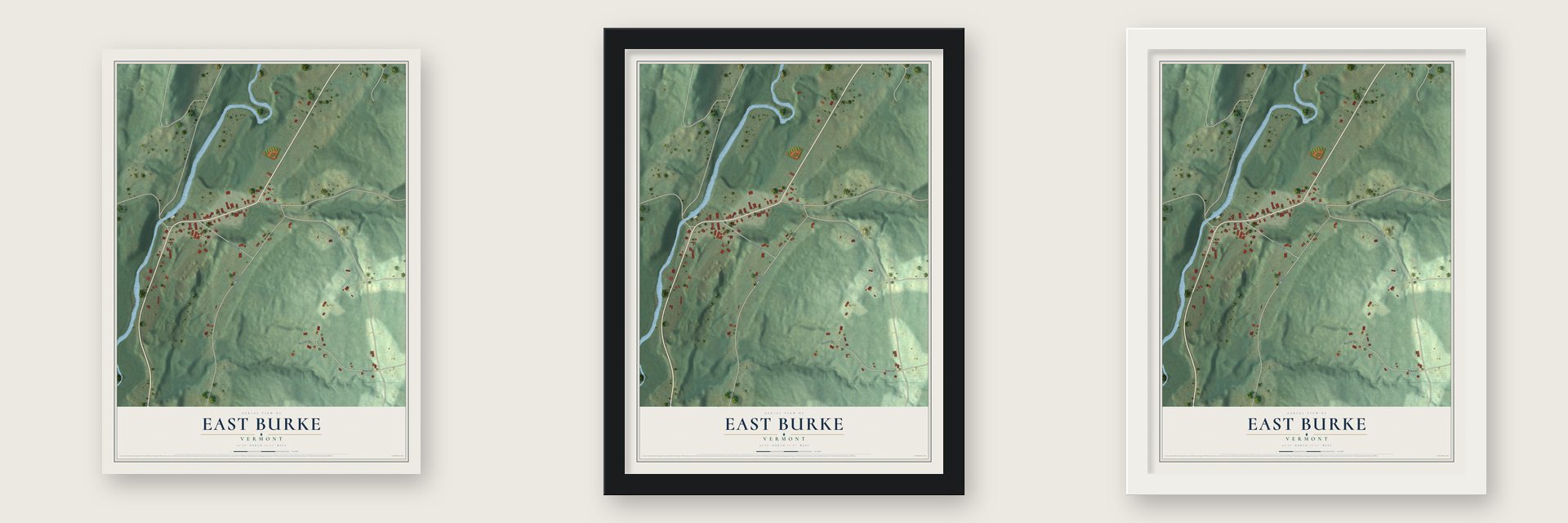 East Burke, Vermont map unframed, in a black wood frame and in a white wood frame