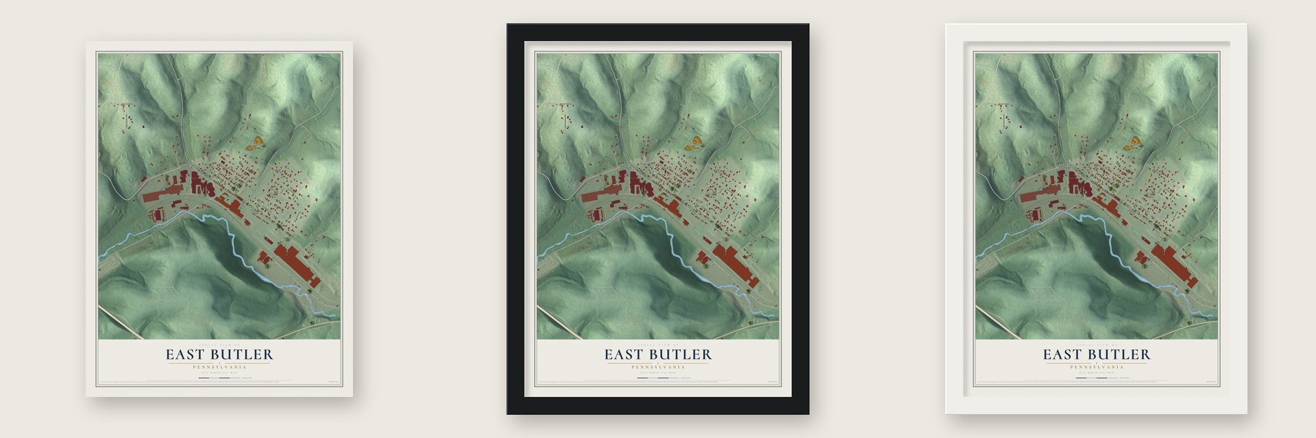 East Butler, Pennsylvania map unframed, in a black wood frame and in a white wood frame