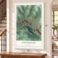 East Butler, Pennsylvania map, 24 x 36 inch print in a white frame by a staircase
