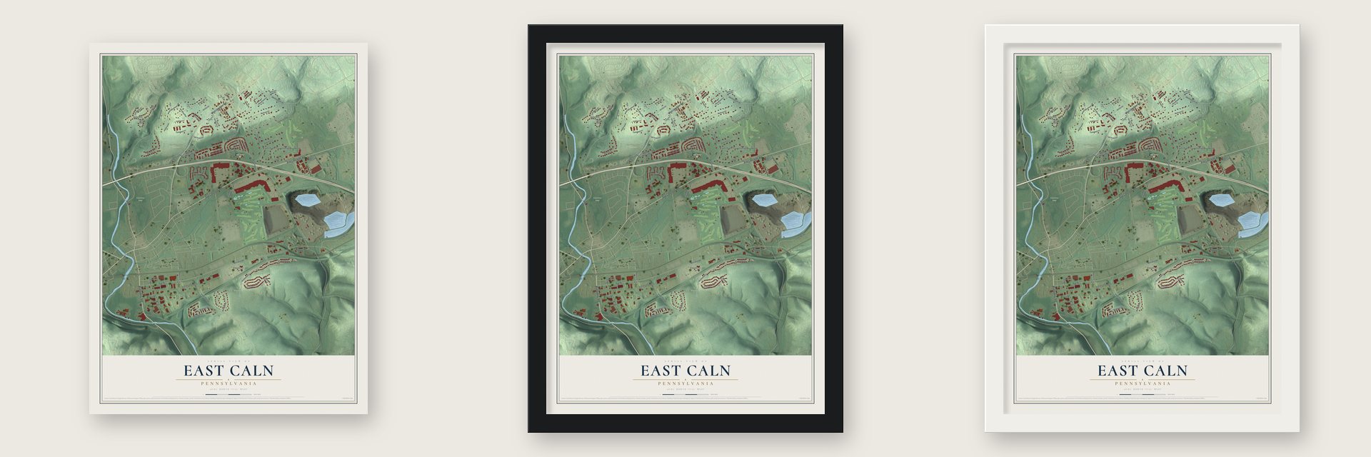 East Caln, Pennsylvania map unframed, in a black wood frame and in a white wood frame