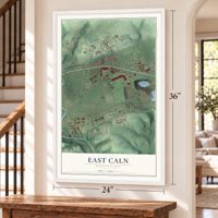 East Caln, Pennsylvania map, 24 x 36 inch print in a white frame by a staircase