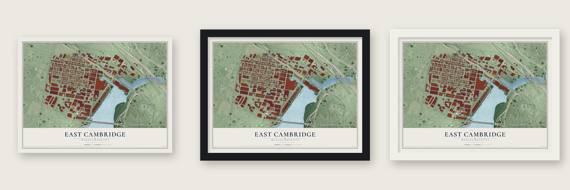East Cambridge, Massachusetts map unframed, in a black wood frame and in a white wood frame