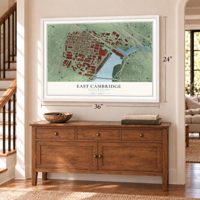 East Cambridge, Massachusetts map, 24 x 36 inch print in a white frame above a dresser by a staircase