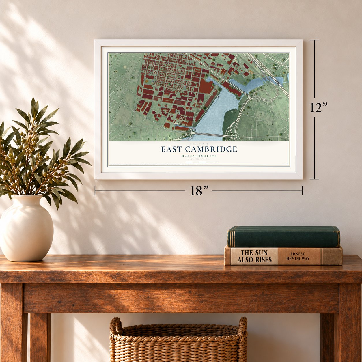 East Cambridge, Massachusetts map, 12 x 18 inch print in a white frame in an entryway