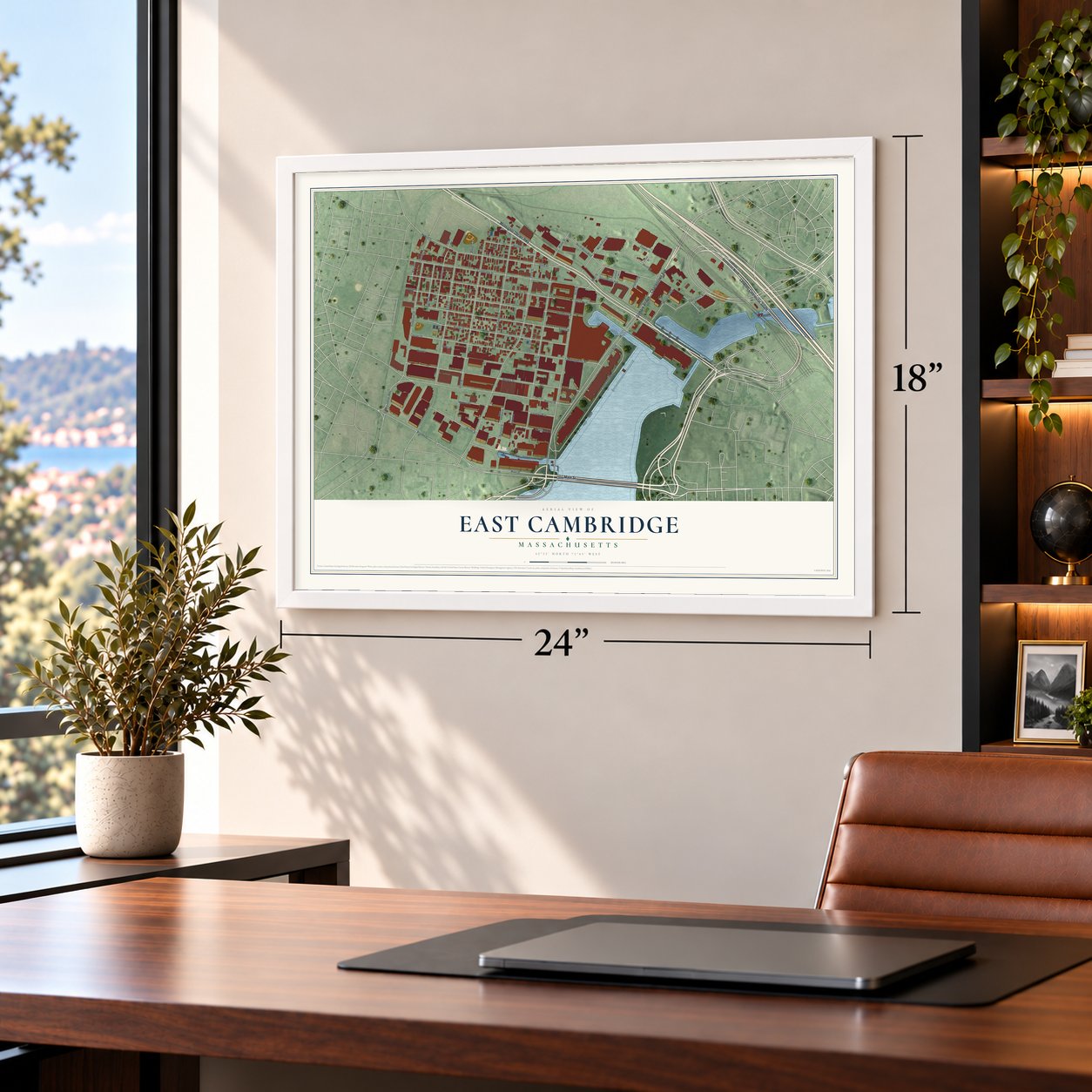 East Cambridge, Massachusetts map, 18 x 24 inch print in a white frame in a home office