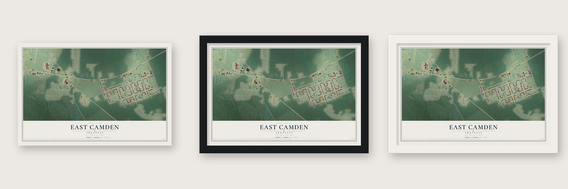 East Camden, Arkansas map unframed, in a black wood frame and in a white wood frame