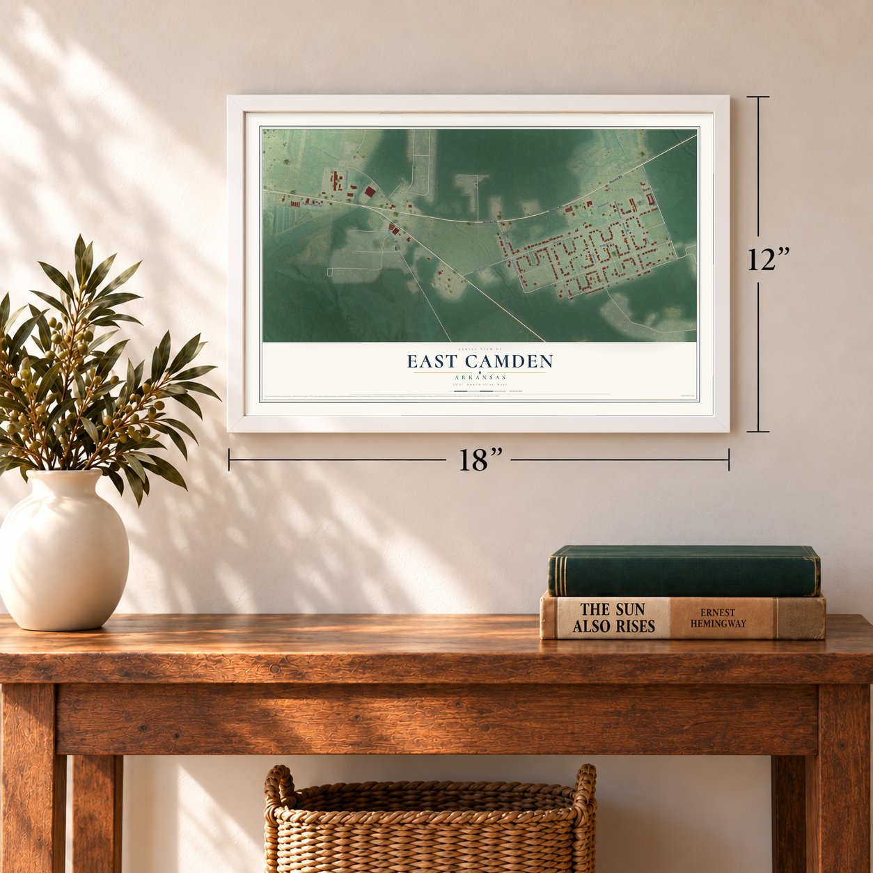 East Camden, Arkansas map, 12 x 18 inch print in a white frame in an entryway