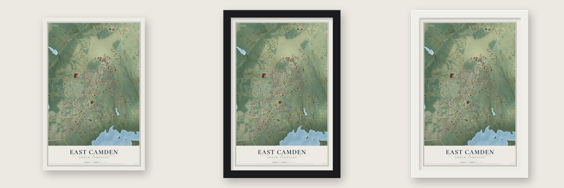 East Camden, South Carolina map unframed, in a black wood frame and in a white wood frame