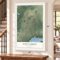 East Camden, South Carolina map, 24 x 36 inch print in a white frame by a staircase