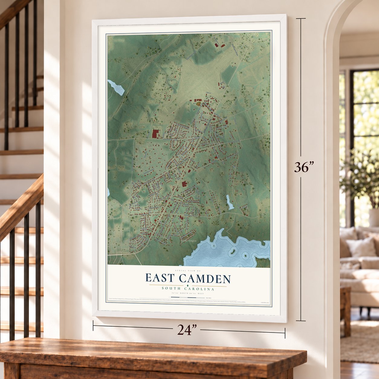 East Camden, South Carolina map, 24 x 36 inch print in a white frame by a staircase