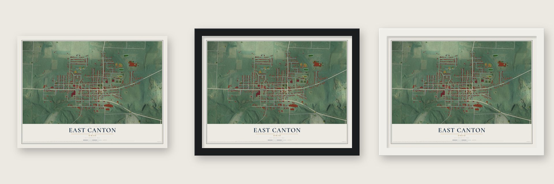 East Canton, Ohio map unframed, in a black wood frame and in a white wood frame