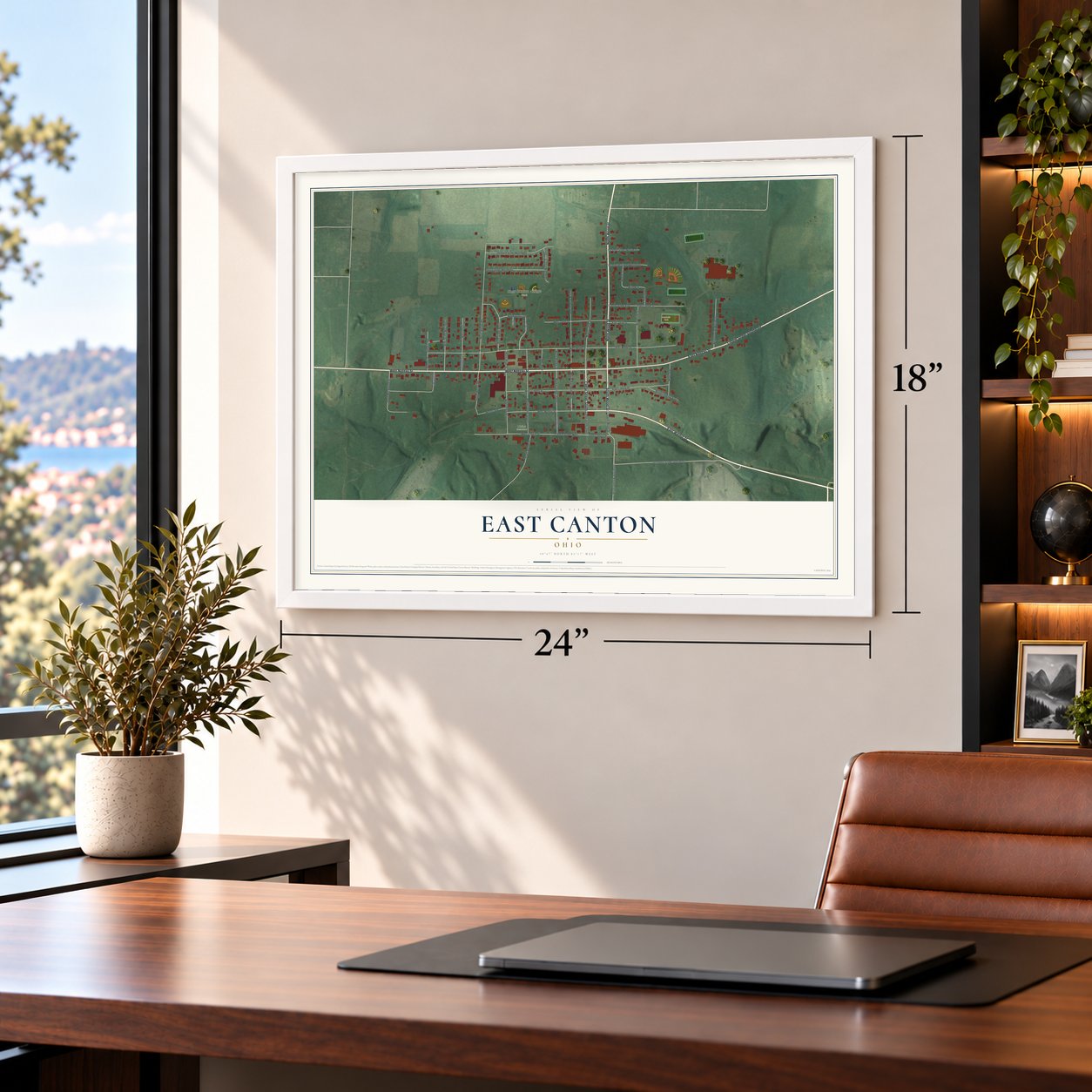 East Canton, Ohio map, 18 x 24 inch print in a white frame in a home office
