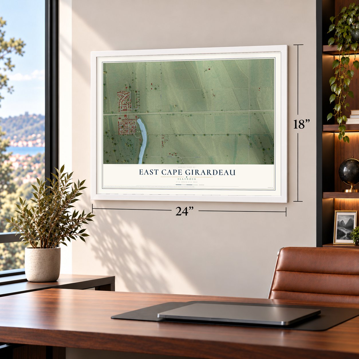 East Cape Girardeau, Illinois map, 18 x 24 inch print in a white frame in a home office