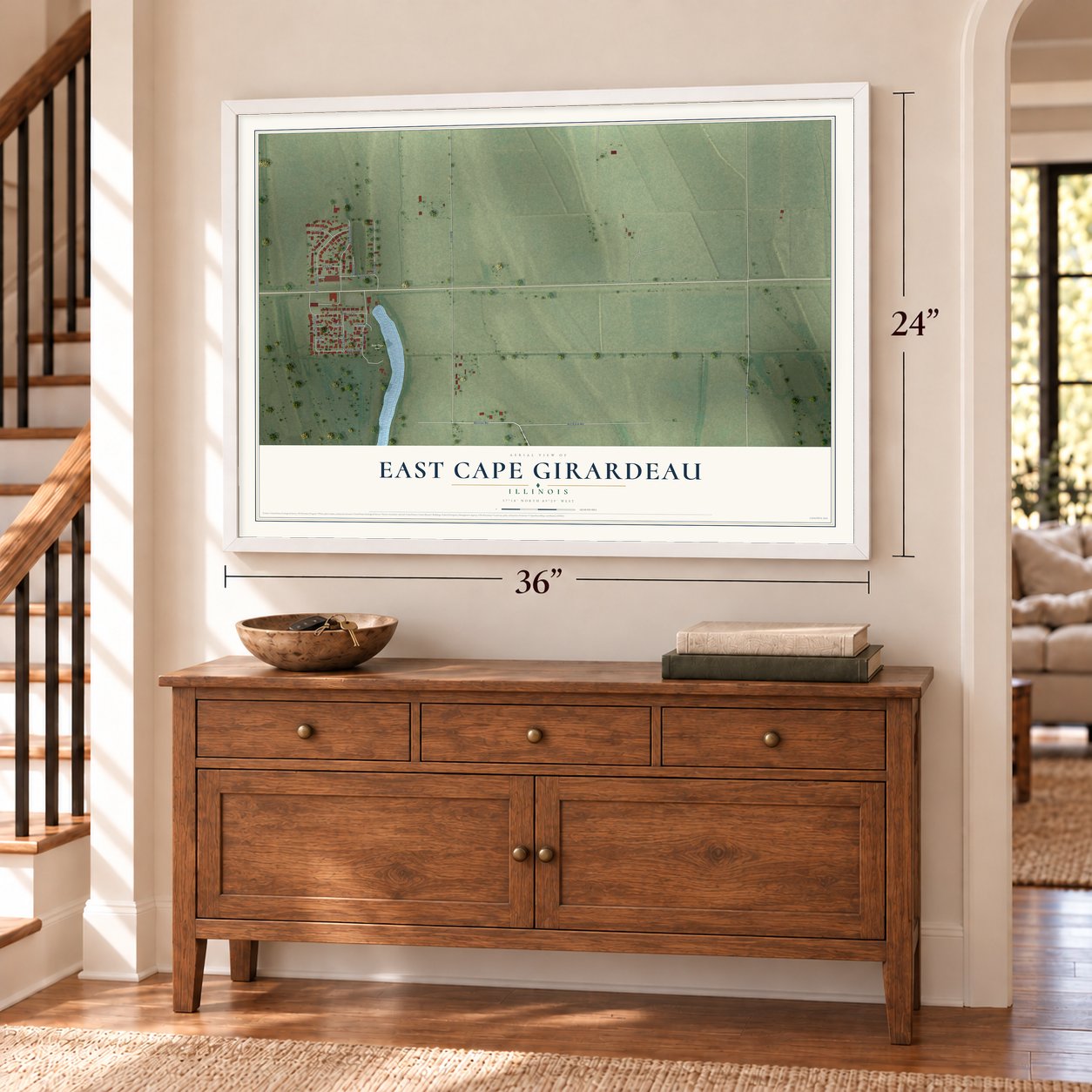 East Cape Girardeau, Illinois map, 24 x 36 inch print in a white frame above a dresser by a staircase