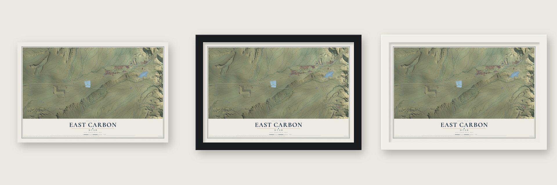 East Carbon, Utah map unframed, in a black wood frame and in a white wood frame