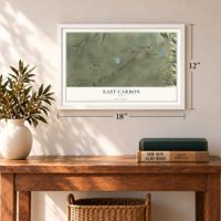 East Carbon, Utah map, 12 x 18 inch print in a white frame in an entryway