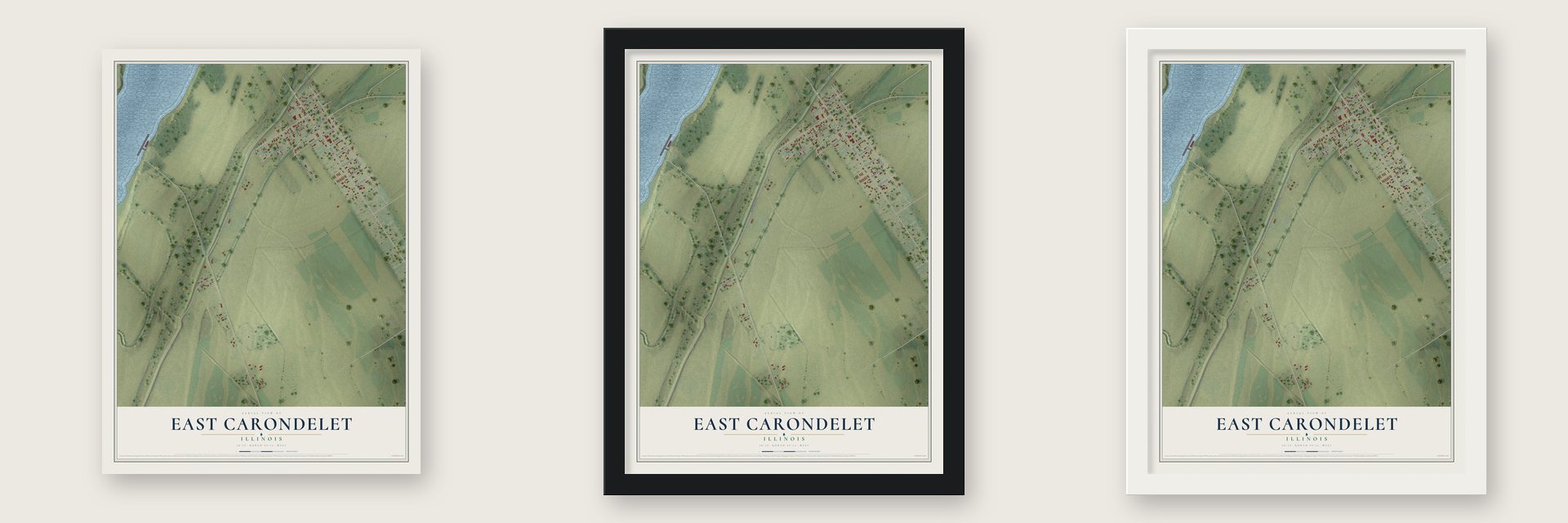 East Carondelet, Illinois map unframed, in a black wood frame and in a white wood frame