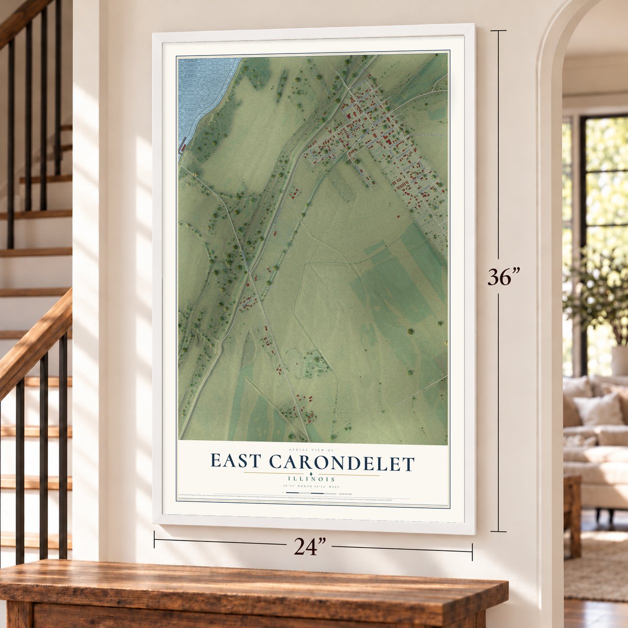 East Carondelet, Illinois map, 24 x 36 inch print in a white frame by a staircase