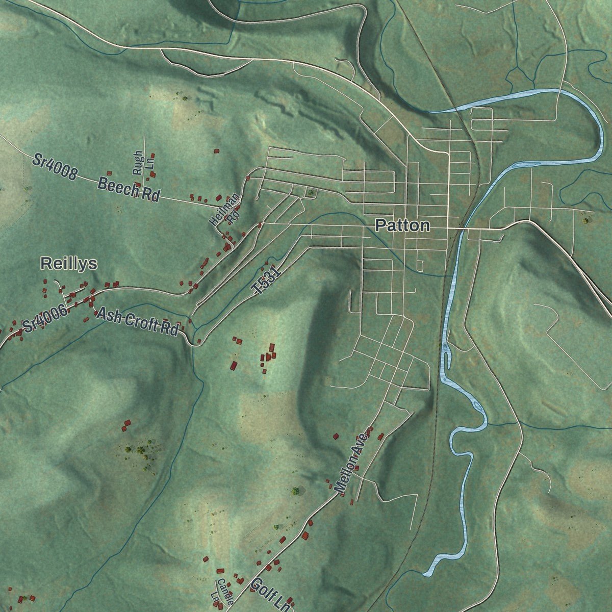Second close-up of the map of East Carroll, Pennsylvania print showing more streets and buildings