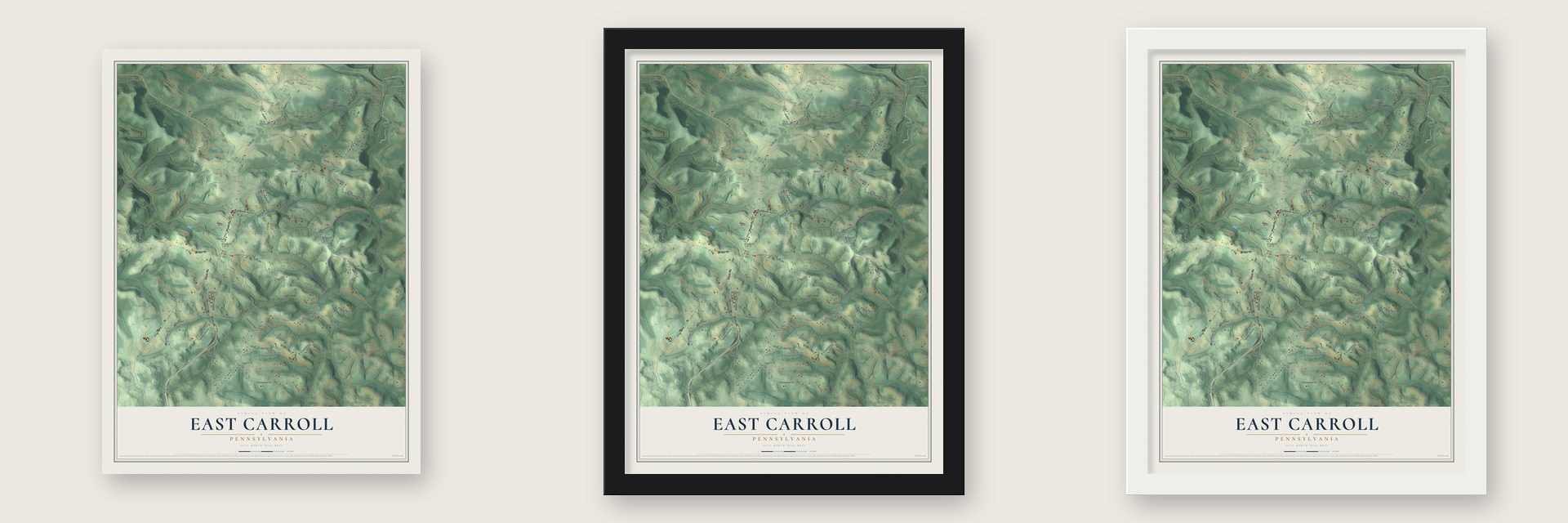 East Carroll, Pennsylvania map unframed, in a black wood frame and in a white wood frame