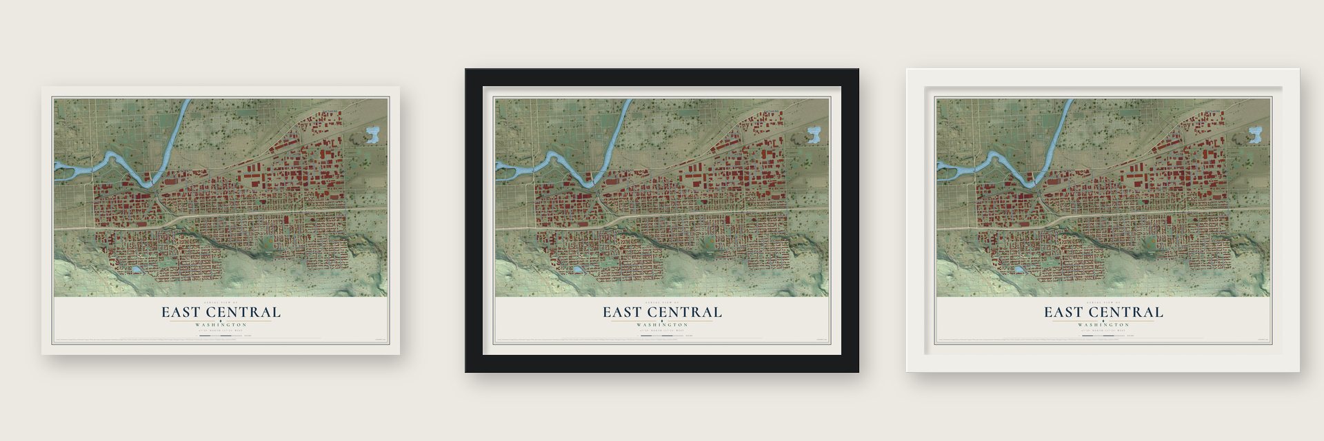 East Central, Washington map unframed, in a black wood frame and in a white wood frame