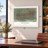 East Central, Washington map, 18 x 24 inch print in a white frame in a home office