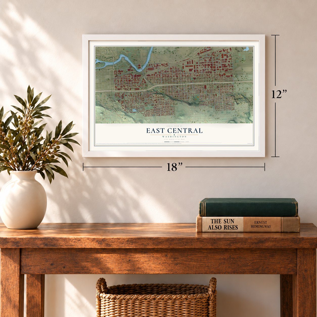 East Central, Washington map, 12 x 18 inch print in a white frame in an entryway