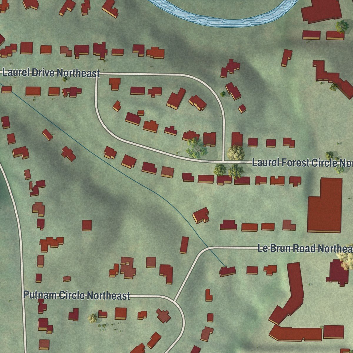 Second close-up of the map of East Chastain Park, Georgia print showing more streets and buildings