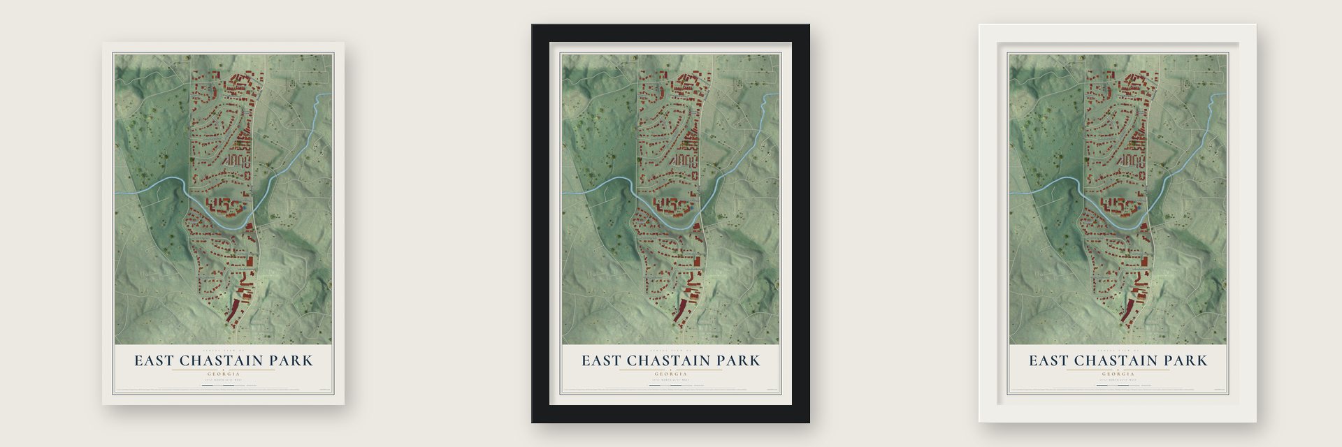 East Chastain Park, Georgia map unframed, in a black wood frame and in a white wood frame