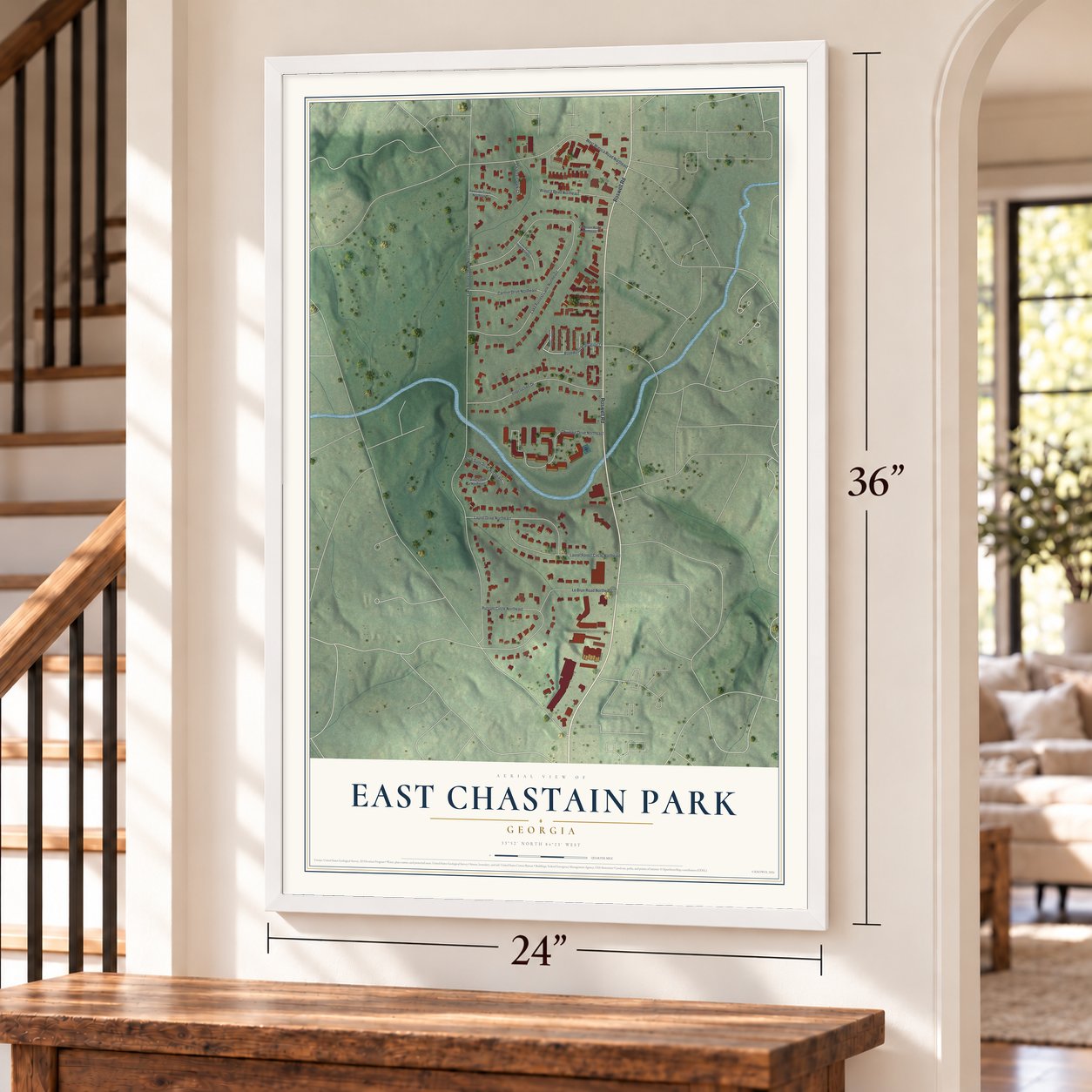 East Chastain Park, Georgia map, 24 x 36 inch print in a white frame by a staircase