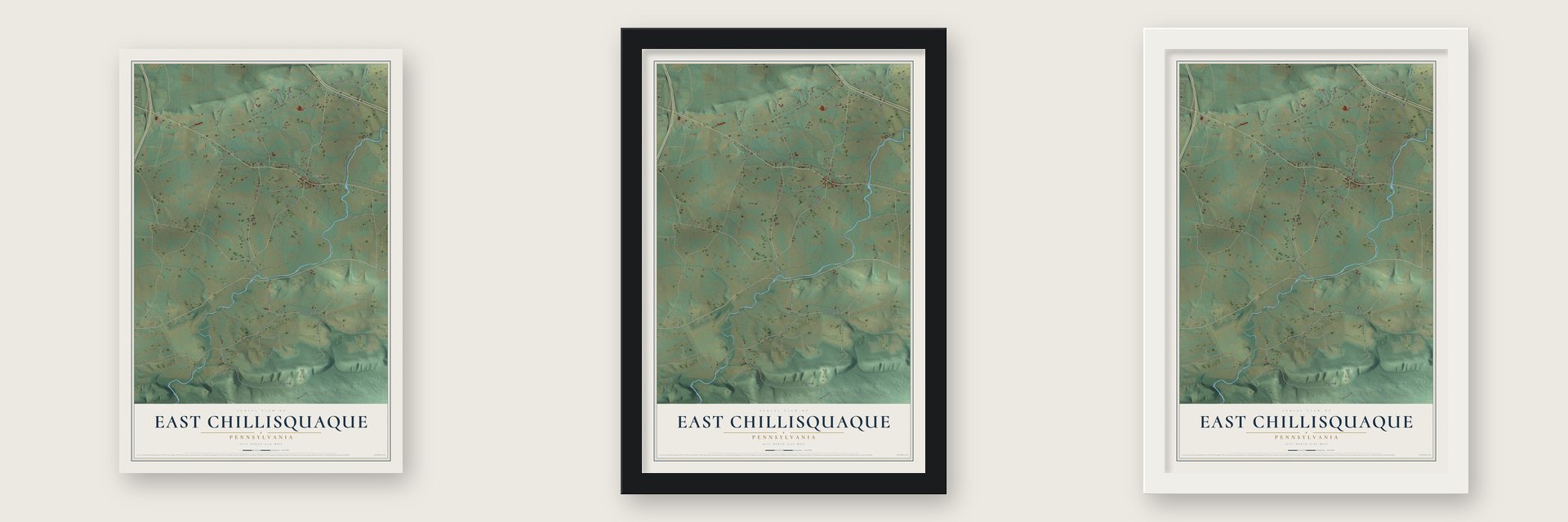 East Chillisquaque, Pennsylvania map unframed, in a black wood frame and in a white wood frame