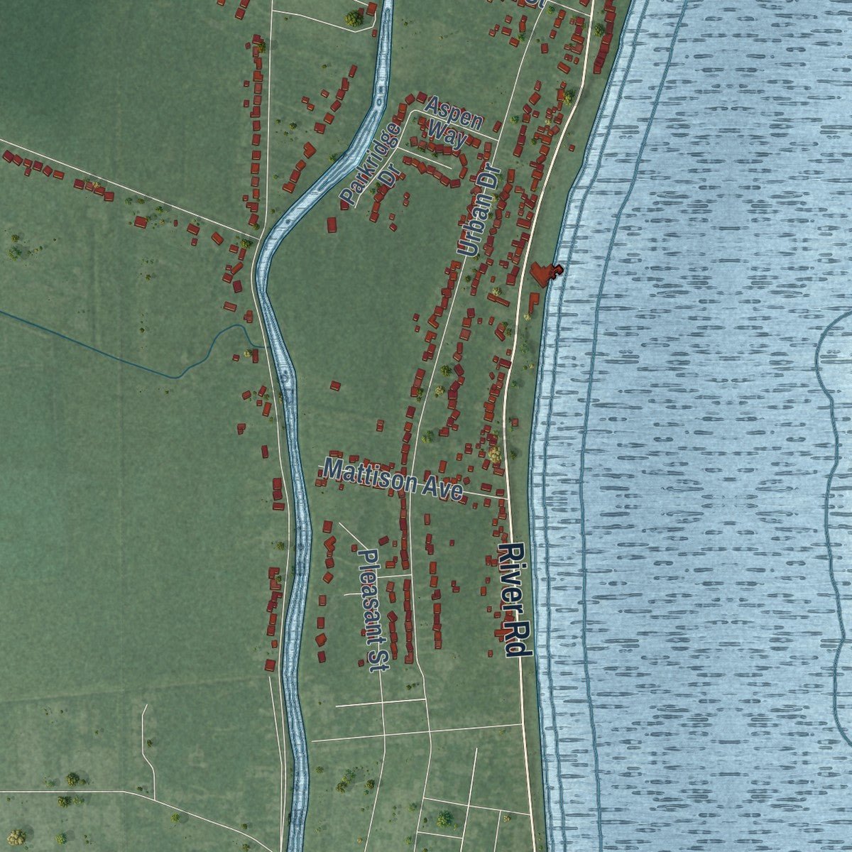 Second close-up of the map of East China, Michigan print showing more streets and buildings
