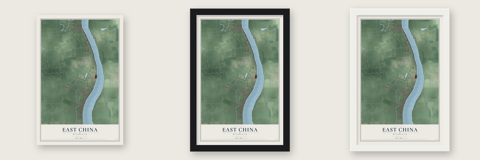 East China, Michigan map unframed, in a black wood frame and in a white wood frame