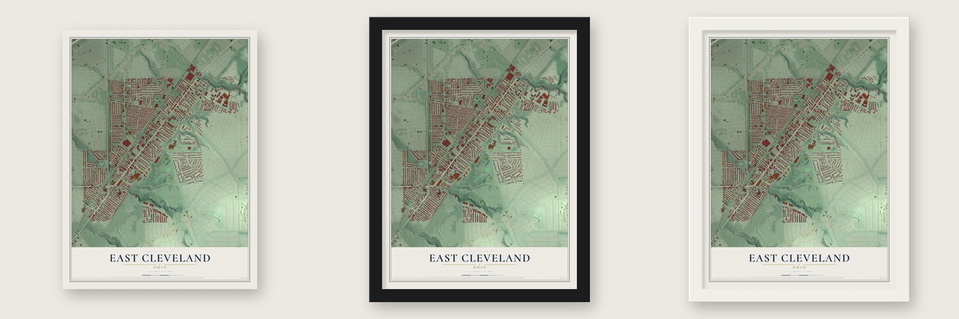 East Cleveland, Ohio map unframed, in a black wood frame and in a white wood frame