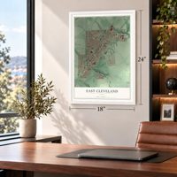 East Cleveland, Ohio map, 18 x 24 inch print in a white frame in a home office